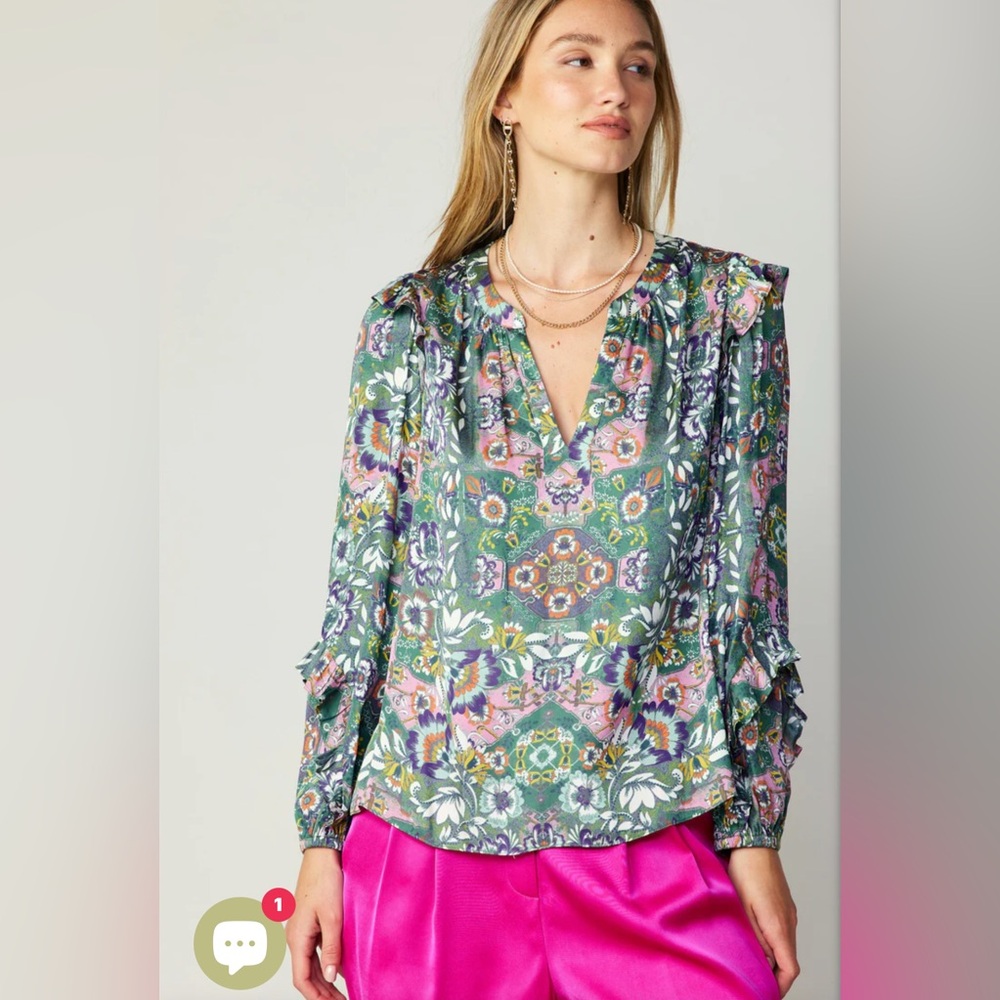 Current Air Anthropologie Ruffle Trim Boho Blouse in Green Floral Multi S NWT